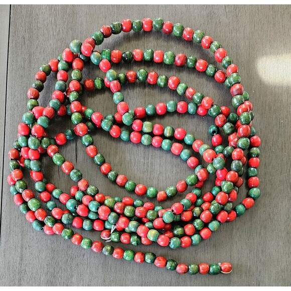 Vintage Lot Of 2 Wooden Christmas Tree Garland Red Green Beads Wood Primitive - Picture 1 of 3